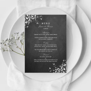 White Swirls On Chalkboard Wedding Menu