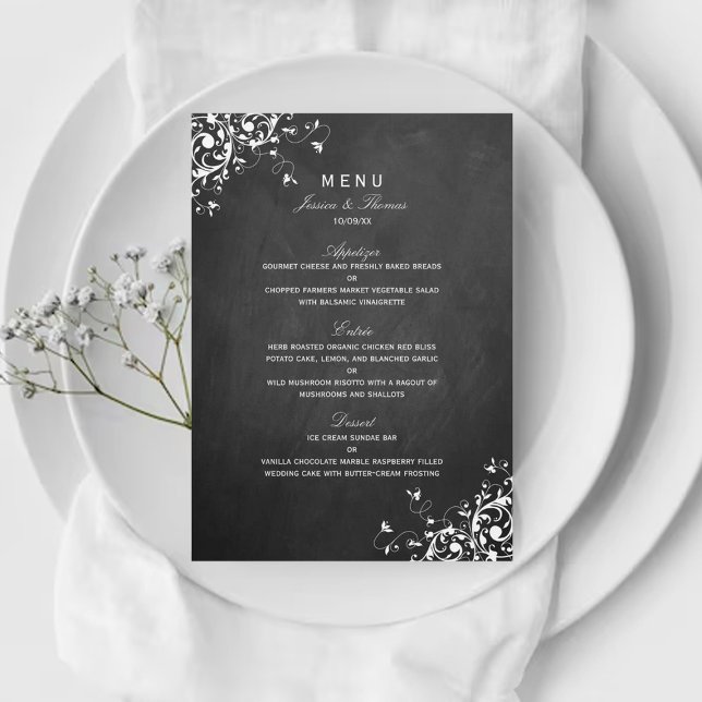 White Swirls On Chalkboard Wedding Menu (Creator Uploaded)