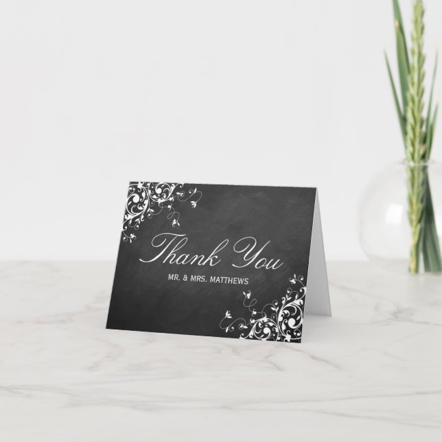 White Swirls On Chalkboard Wedding Thank You Card (Front)