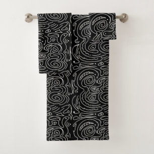 White swirly lines on black  bath towel set