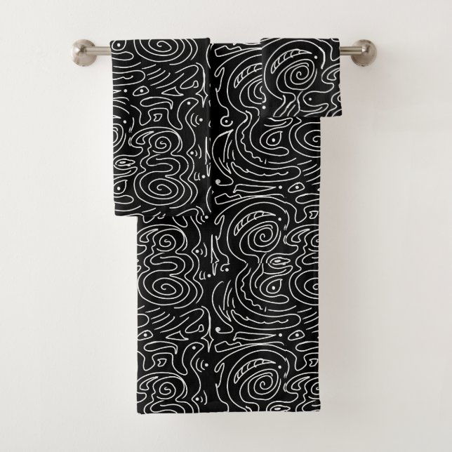 White swirly lines on black  bath towel set (Insitu)