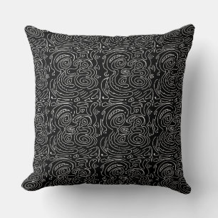 White Swirly Lines on Black Throw Pillow