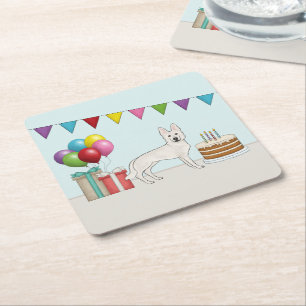 White Swiss German Shepherd Dog Colourful Birthday Square Paper Coaster