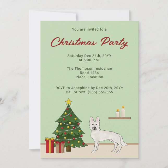 White Swiss Shepherd Cute GSD Dog Green Christmas Invitation (Front)