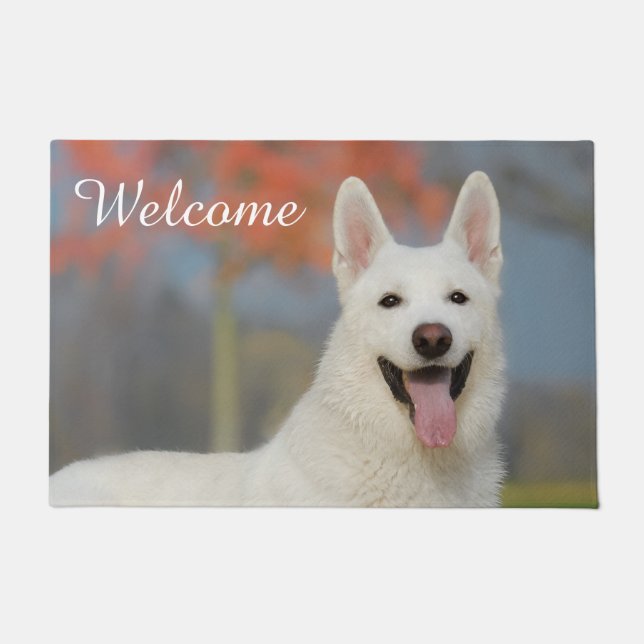 White Swiss Shepherd Dog Cute Photo _ Welcome Doormat (Front)