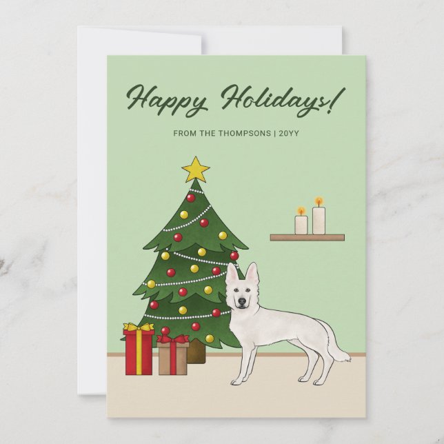 White Swiss Shepherd Dog Green Festive Christmas Holiday Card (Front)