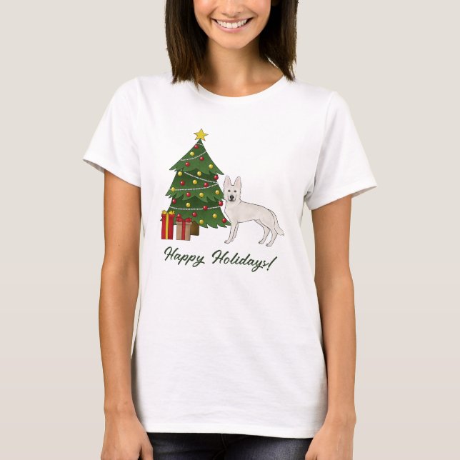 White Swiss Shepherd GSD Dog Green Christmas Tree T-Shirt (Front)