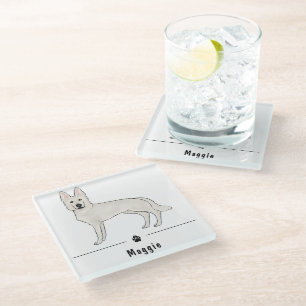 White Swiss Shepherd White GSD And Paw Custom Name Glass Coaster