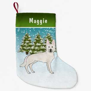 White Swiss Shepherd White GSD Dog Winter Forest Small Christmas Stocking