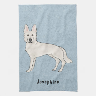 White Swiss Shepherd White GSD Dog With Name Blue Tea Towel