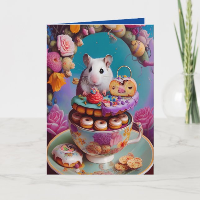 White Syrian Hamster Tea Party with Doughnuts ANY Card (Front)