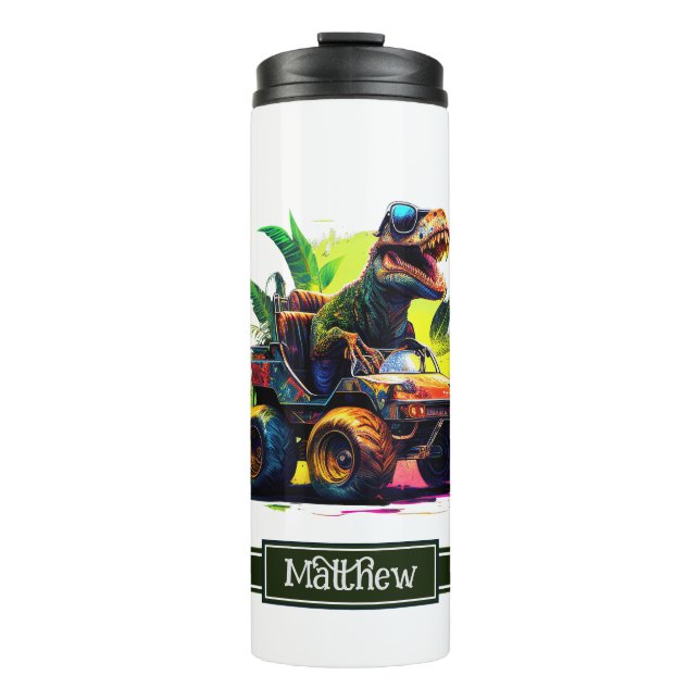 White T-Rex Riding Monster Truck Dinosaur Name Thermal Tumbler (Front)