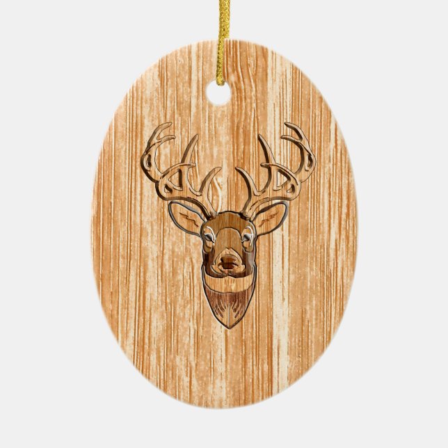 White Tail Buck Deer Head Wood Grain Style Ceramic Tree Decoration (Front)