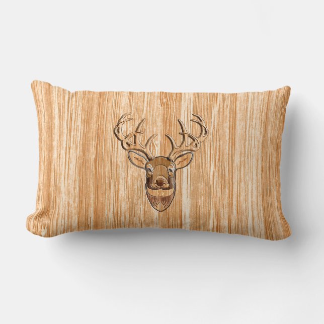 White Tail Buck Deer Head Wood Grain Style Lumbar Cushion (Front)