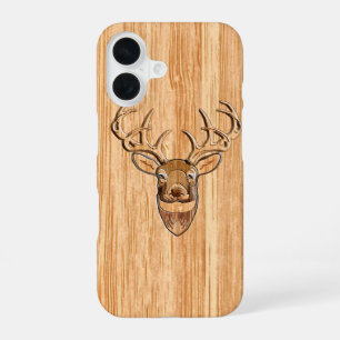 White Tail Deer Buck Wood Grain Style Design iPhone 16 Case