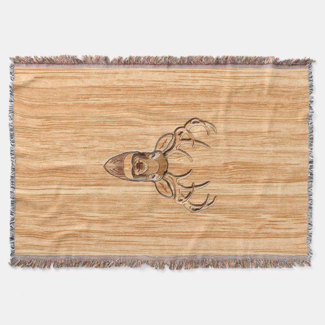 White Tail Deer Buck Wood Grain Style Design Throw Blanket (Front)