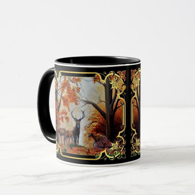 White tail deer doe and buck autumn forest mug (Front Left)