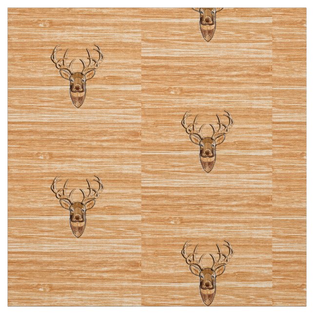 White Tail Deer Head Trophy Wood Grain Style Fabric (Swatch)