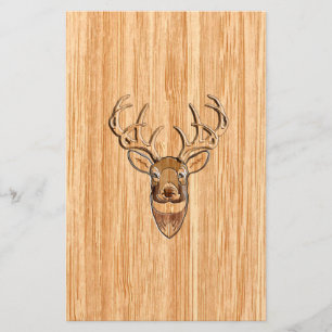 White Tail Deer Head Wood Grain Background Stationery