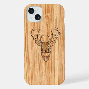 White Tail Deer Head Wood Grain Style Decor iPhone 15 Plus Case