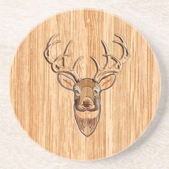 White Tail Deer Head Wood Inlay Grain Style Coaster (Front)