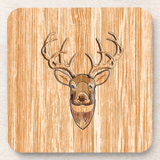 White Tail Deer Head Wood Inlay Grain Style Coaster (Front)