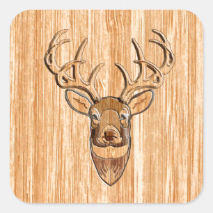 White Tail Deer Head Wood Inlay Grain Style Square Sticker