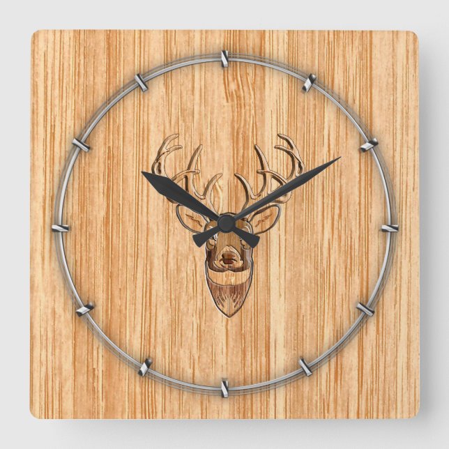 White Tail Deer Head Wood Inlay Grain Style Square Wall Clock (Front)