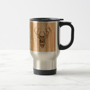 White Tail Deer Head Wood Inlay Grain Style Travel Mug