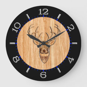 White Tail Deer Head Wood Inlay Style Large Clock