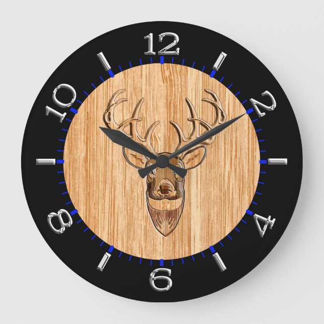 White Tail Deer Head Wood Inlay Style Large Clock (Front)