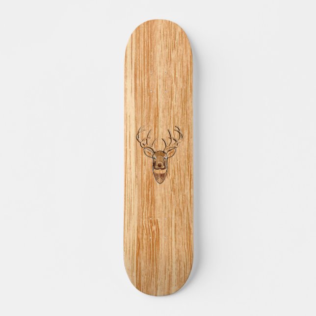 White Tail Deer Head Wood Inlay Style Skateboard (Front)