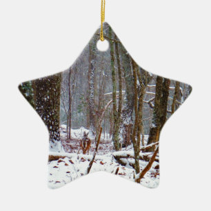 white tail deer in the snow ceramic ornament