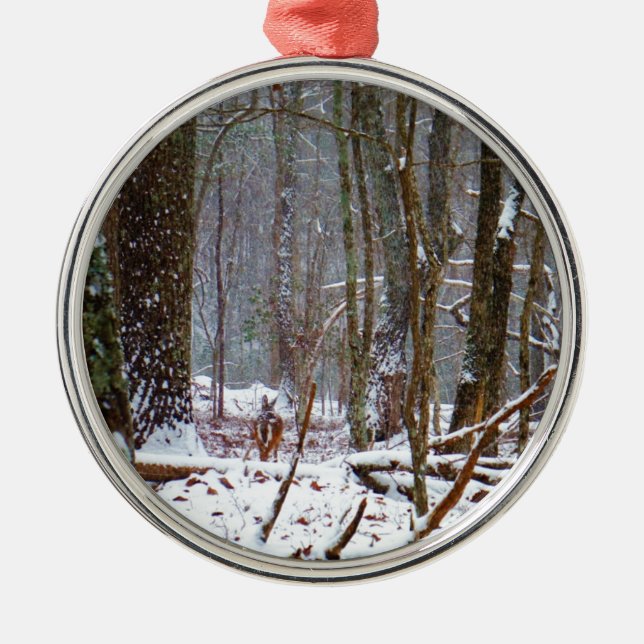 white tail deer in the snow metal tree decoration (Front)