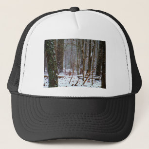 white tail deer in the snow trucker hat