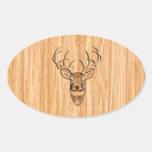 White Tail Deer Wood Grain Style Graphic Oval Sticker