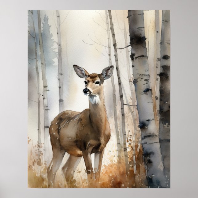 White Tail Deer Woodland Animal Art Print Poster (Front)