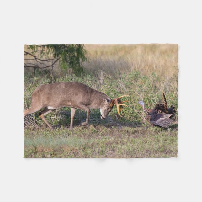 White-tailed Deer Fighting Wild Turkey Fleece Blanket (Front (Horizontal))