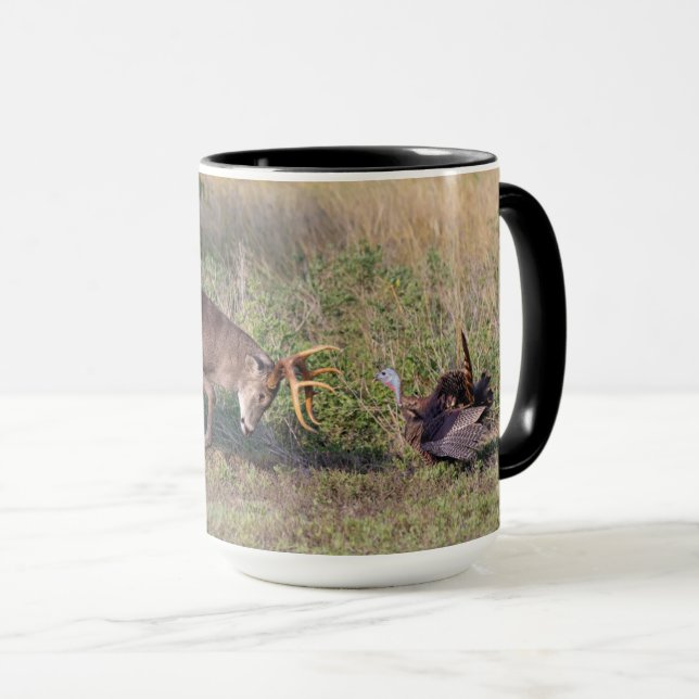 White-tailed Deer Fighting Wild Turkey Mug (Front Right)