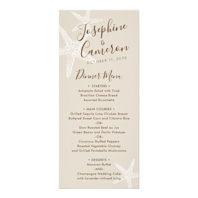 White Tan Starfish Beach Destination Wedding Menu (Front)