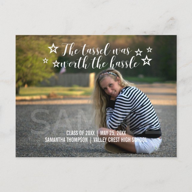 White Tassel Worth Hassle Photo Graduation Announcement Postcard (Front)