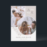 White Taupe Greenery Overlapping Photos Save The Date<br><div class="desc">Double sided save the date card in white and taupe with your initials,  overlapping photos,  and greenery with clean elegant fonts. Photo save the date card with a modern design personalised with your monogram and photos,  two on one side and one on the other.</div>