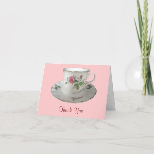 White Teacup and Saucer with PinkRoses Thank You (Front)