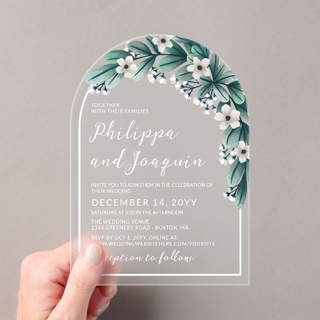 White & Teal Baby's Breath Greenery Wedding Acrylic Invitations (Insitu (Handheld))