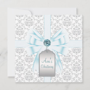 White Teal Blue Damask Baby Baptism Christening Invitation