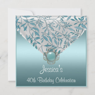 White Teal Blue Floral Jewel 40th Birthday Invitation