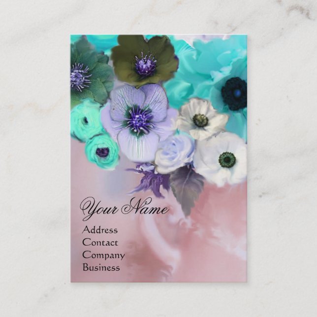 WHITE TEAL BLUE ROSES AND ANEMONE FLOWERS MONOGRAM BUSINESS CARD (Front)