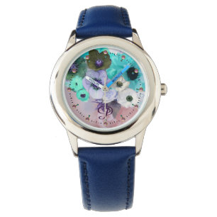 WHITE TEAL BLUE ROSES,ANEMONE FLOWERS MONOGRAM WATCH