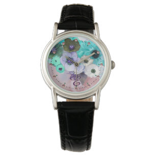 WHITE TEAL BLUE ROSES,ANEMONE FLOWERS MONOGRAM WATCH