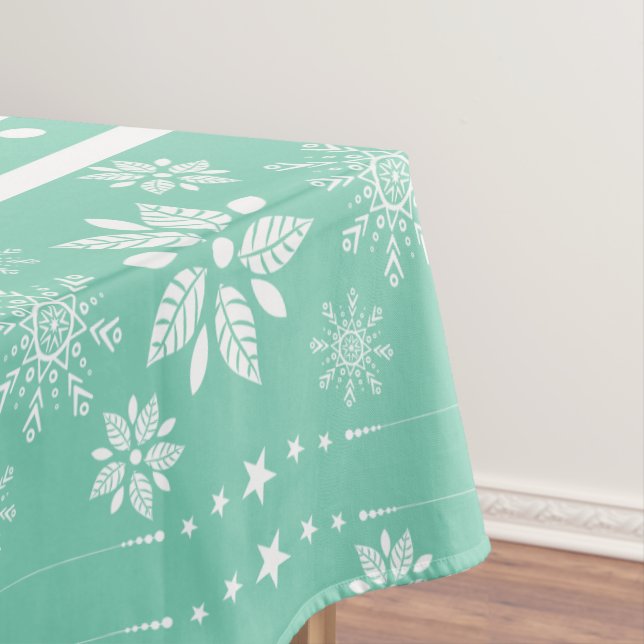 White & Teal Christmas Wreath & Snowflakes Pattern Tablecloth (In Situ)